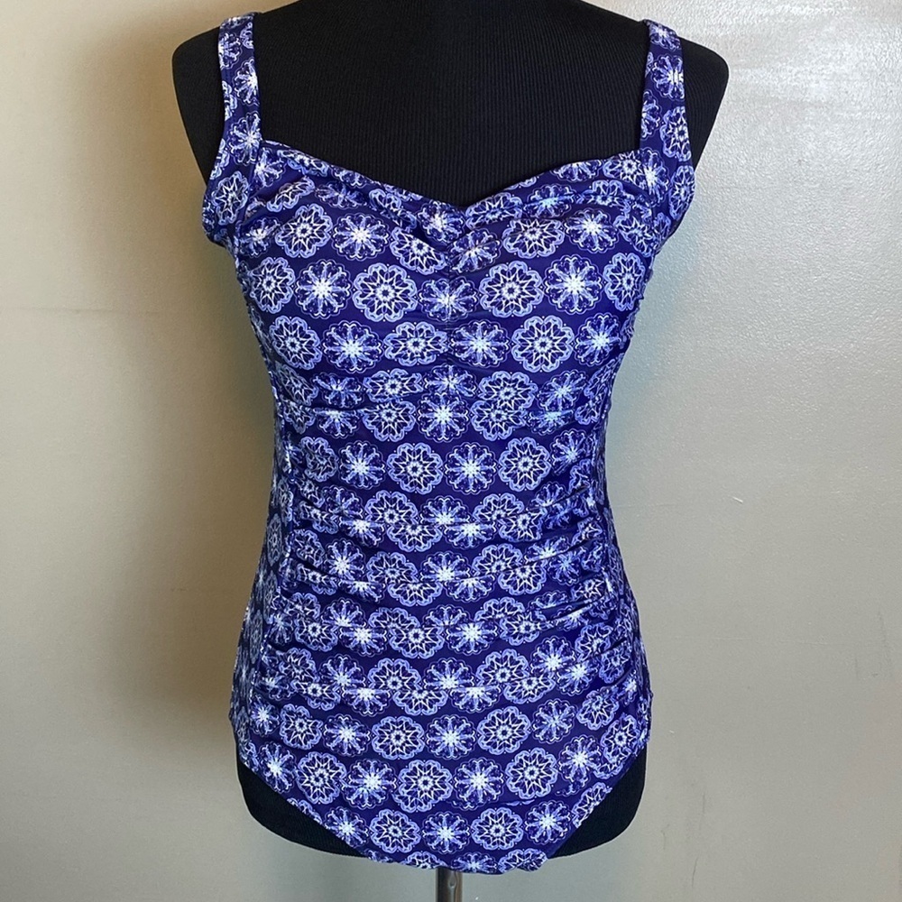Sheshow One Piece Ruched Front Swimsuit Adjustable Straps Blue & White Sz XL NWT